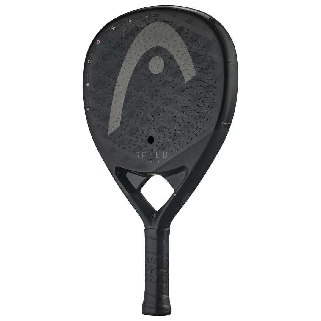 The HEAD Speed One 2025 Padel Racket has a matte black finish, subtle pattern, and HEAD logo. Its textured grip delivers power and control, with "SPEED" printed above the handle opening.