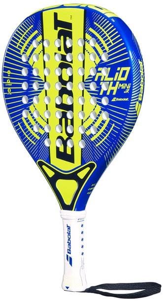 The Babolat Alioth Mini Junior Padel Racket is a blue and yellow kids’ racket with white accents, a perforated face, white handle, black wrist strap, and features the Babolat brand name—perfect for young players.