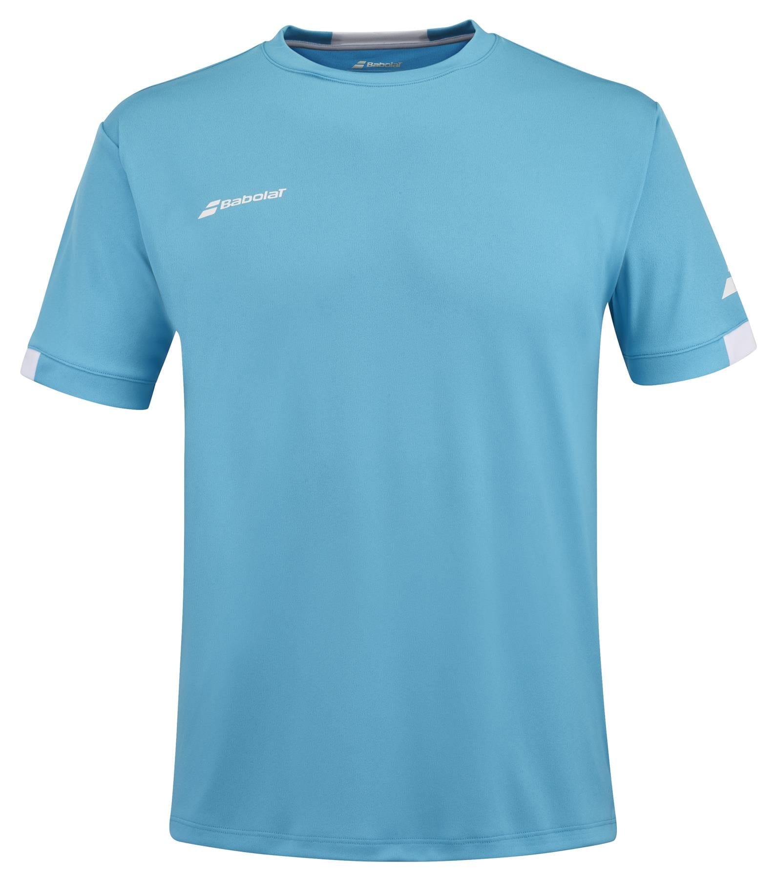 The Babolat Play Men's Crew Neck Padel T-Shirt in Cyan Blue is a sporty top made from recycled polyester. It has a crewneck design and short sleeves, featuring small white logos on the chest and sleeve. Its Fiber Dry technology ensures a simple, comfortable look ideal for athletic activities.