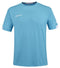 The Babolat Play Men's Crew Neck Padel T-Shirt in Cyan Blue is a sporty top made from recycled polyester. It has a crewneck design and short sleeves, featuring small white logos on the chest and sleeve. Its Fiber Dry technology ensures a simple, comfortable look ideal for athletic activities.