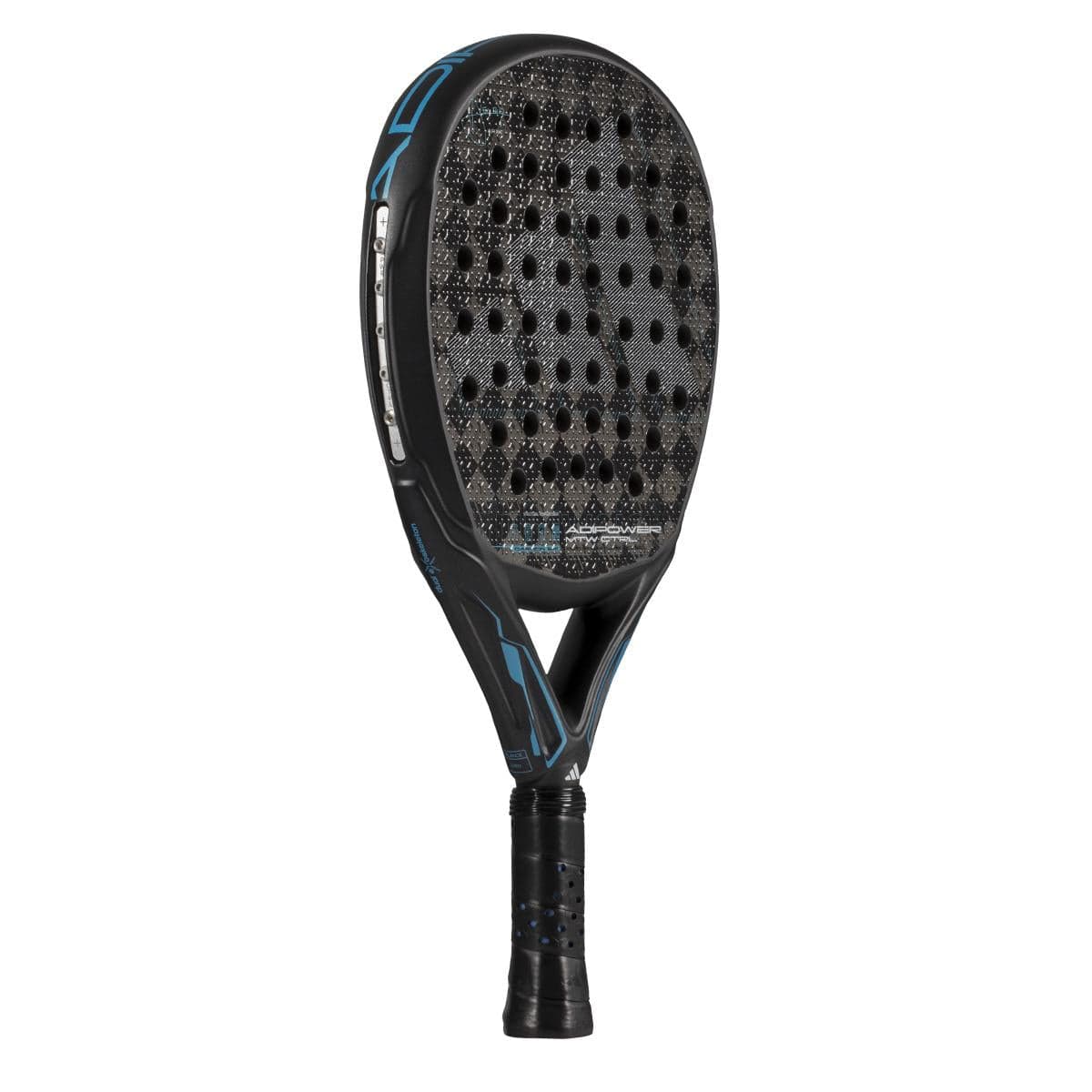 The adidas ADIDAS Adipower Multiweight CTRL 3.4 padel racket, in black and blue with adjustable weights, a perforated face, and textured surface, is shown from a low angle on a white background.