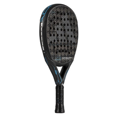 The adidas ADIDAS Adipower Multiweight CTRL 3.4 padel racket, in black and blue with adjustable weights, a perforated face, and textured surface, is shown from a low angle on a white background.