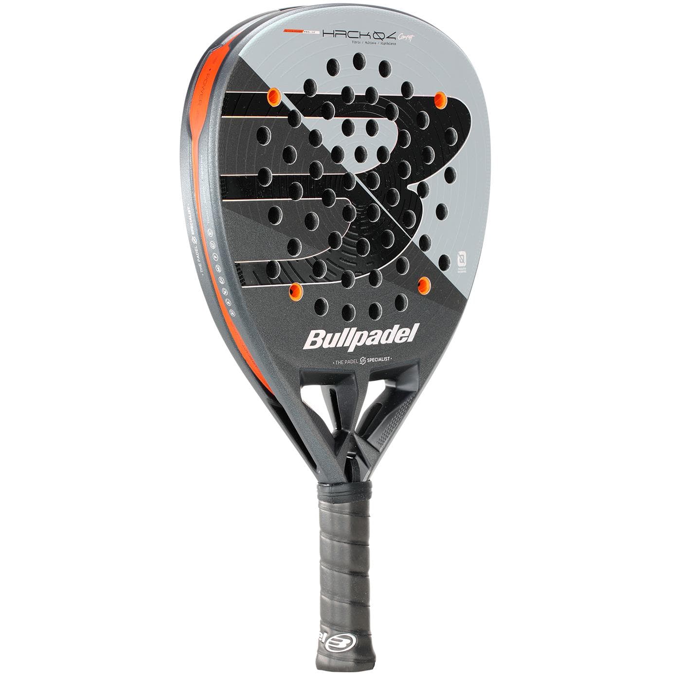 The Bullpadel HACK 04 Comfort 2026 Padel Racket by Bullpadel, in black and gray with orange accents, features the Air React Channel system, perforated surface, and wrapped handle. Shown upright against a white background.