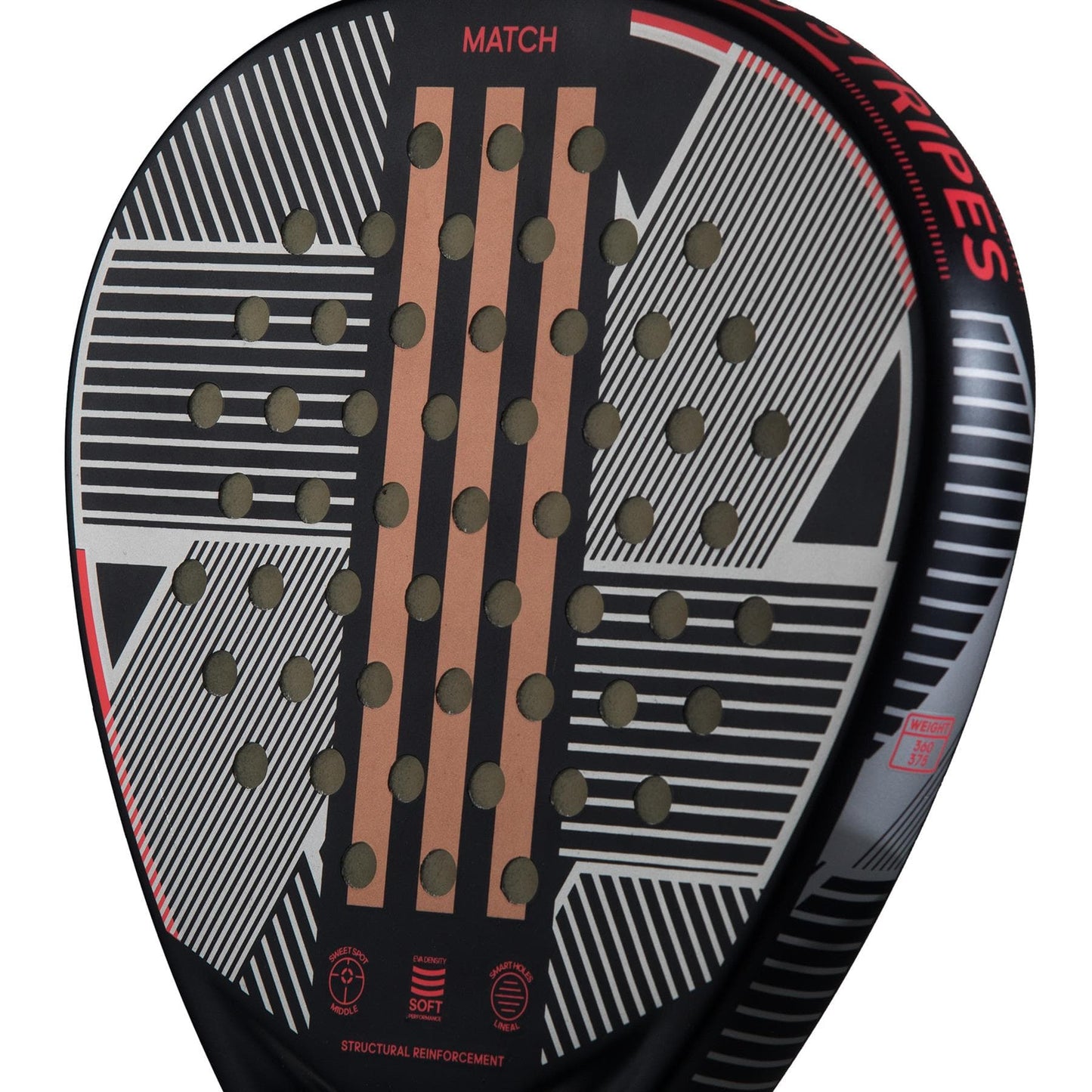 Close-up of the adidas Match 3.3 Black / Red Padel Racket, featuring a teardrop shape, black base, white and red stripes, circular holes, and orange accents—designed by adidas as an ideal beginner padel racket.
