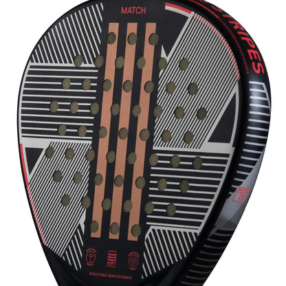 Close-up of the adidas Match 3.3 Black / Red Padel Racket, featuring a teardrop shape, black base, white and red stripes, circular holes, and orange accents—designed by adidas as an ideal beginner padel racket.