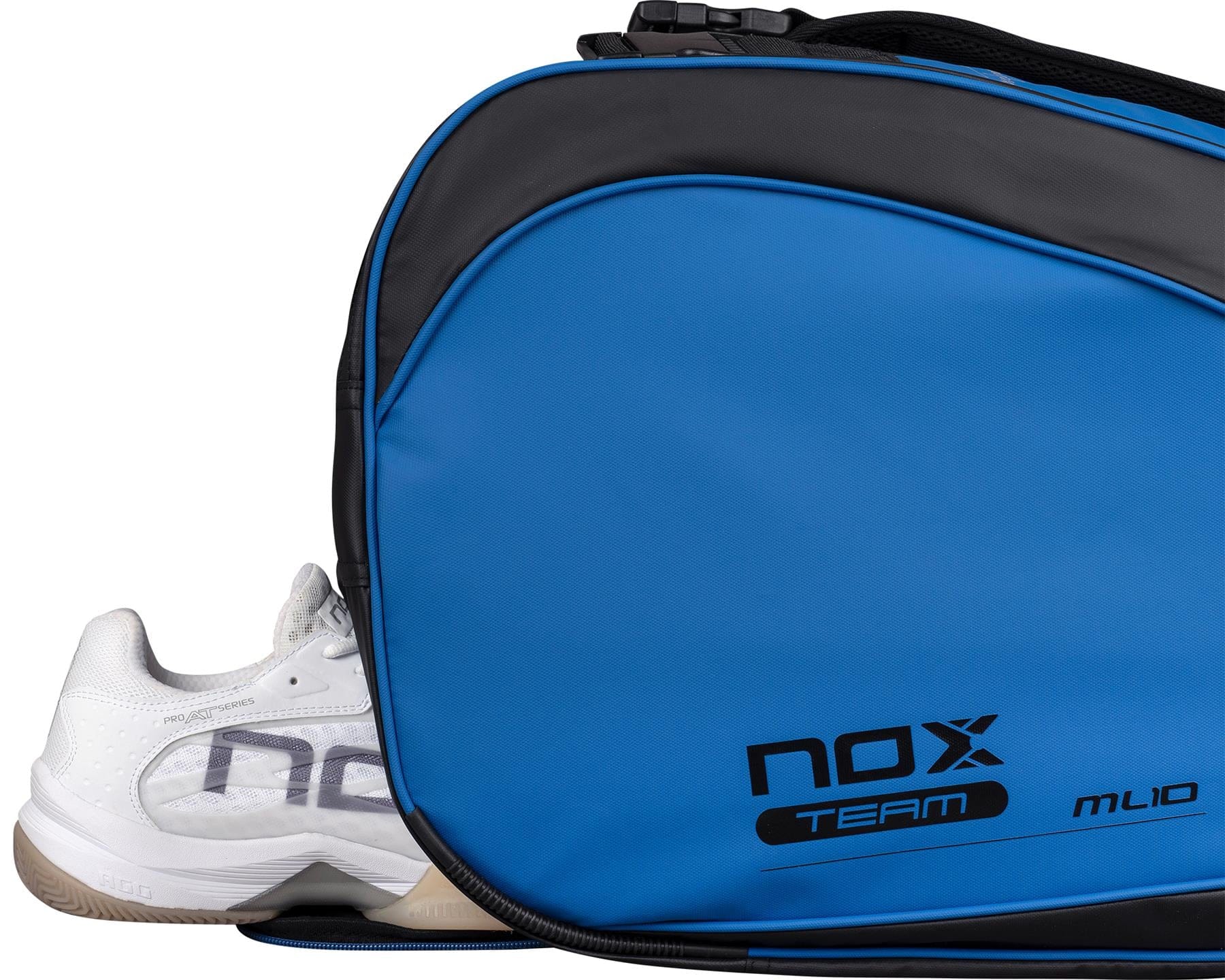A white athletic shoe peeks from the side pocket of the NOX ML10 Team Padel Racket Bag - Black / Blue, showcasing the spacious design of this premium bag by NOX.