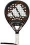 The adidas Cross It Carbon Ctrl 2026 Padel Racket features a black and orange design, round head, triangular Adidas logo in the center, white perforated Extra Power Grip with wrist strap, and "CROSS IT CARBON CTRL" on the carbon fiber frame.