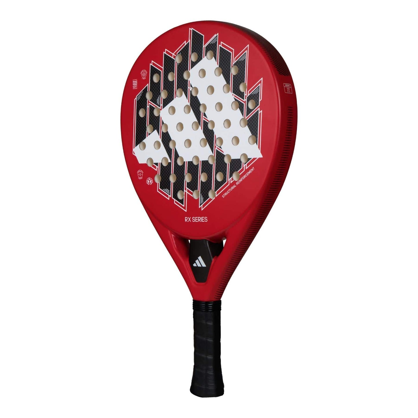 The adidas ADIDAS RX Series Red Padel Racket features a black handle, geometric white and black patterns with round holes, and a central adidas logo. Perfect for beginners.