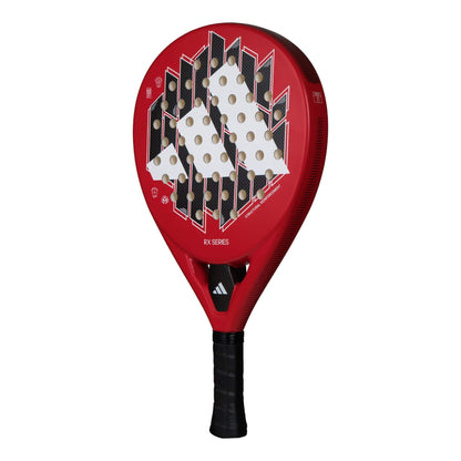 The adidas ADIDAS RX Series Red Padel Racket features a black handle, geometric white and black patterns with round holes, and a central adidas logo. Perfect for beginners.