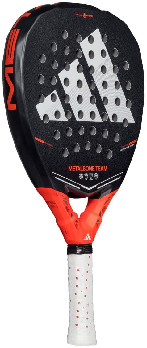 The adidas Metalbone Team 2026 Padel Racket has a black face with red accents, white grip, prominent adidas logo, and model name at the base. It includes Spin Blade Gritt for advanced play.