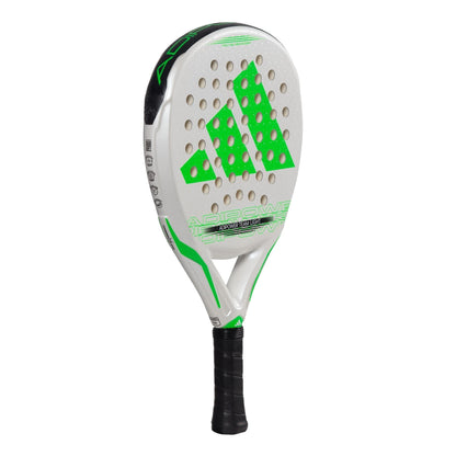 The adidas ADIDAS Adipower Team Light 3.3 Padel Racket is a lightweight white racket with green details, black handle, and multiple face holes, featuring the adidas logo and "Adipower Team" text in green for enhanced control.