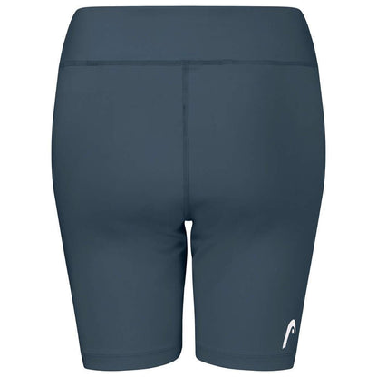 Back view of a pair of navy athletic shorts from the HEAD Vision Women's Short Tights collection, featuring a logo on the right leg. These comfortable performance shorts boast a high waistband and flatlock stitching, enhanced by Moisture Transfer Microfiber technology for optimal comfort.