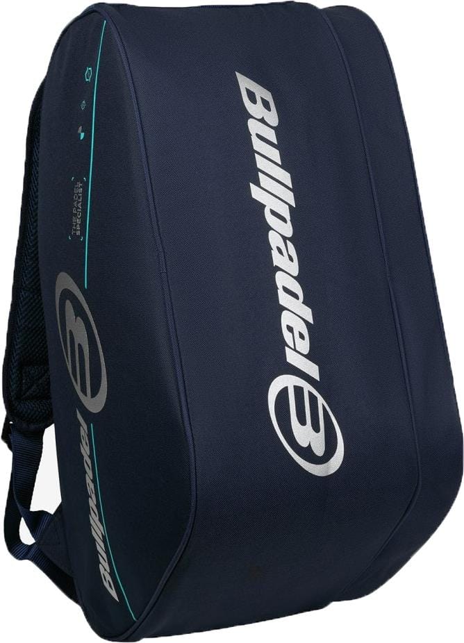 The Bullpadel BPP26015 Tour 2026 Padel Racket Bag in navy features silver branding, a side logo, teal accent line, structured design, and thermal racket compartments.