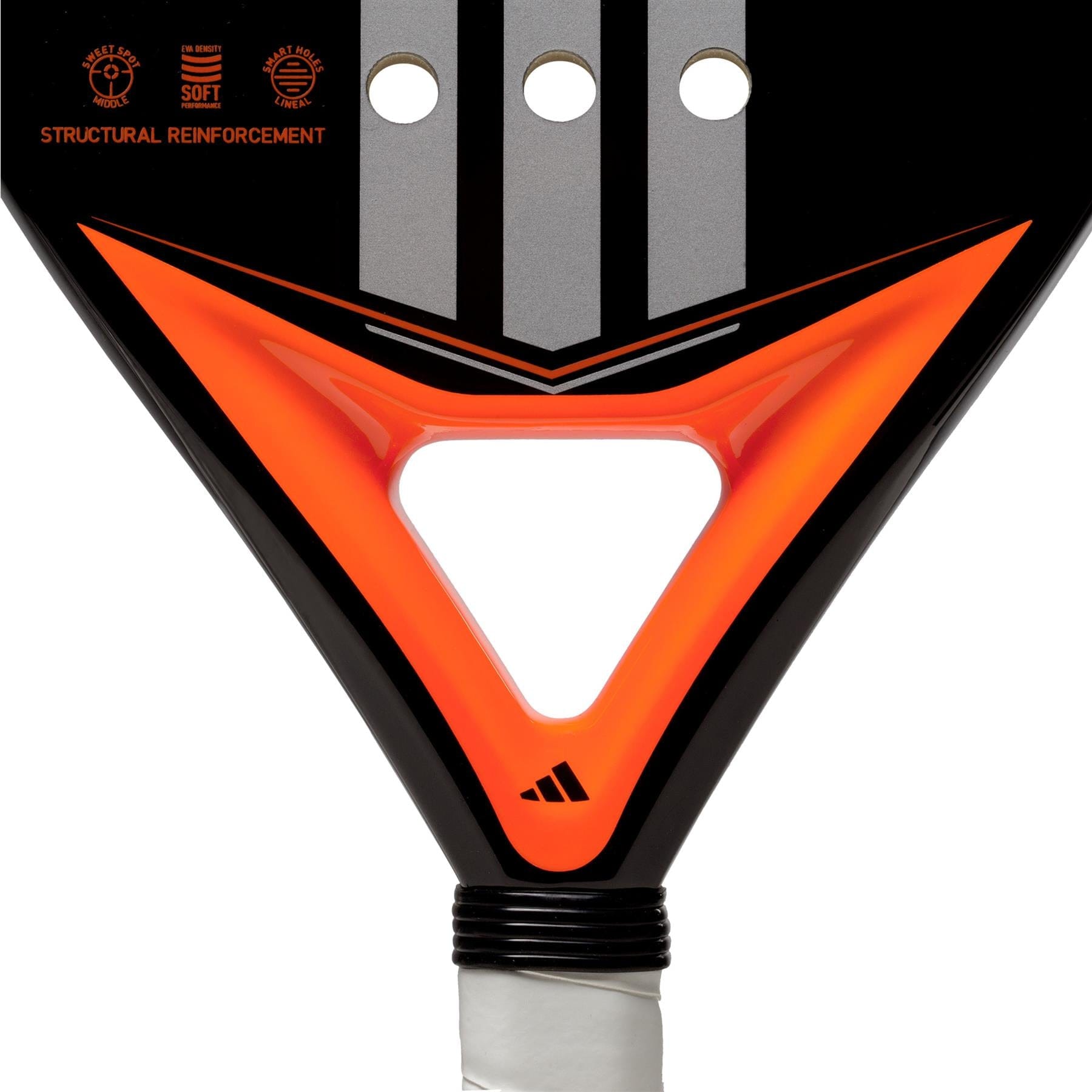 Close-up of the adidas Match Black 3.4 Padel Racket head, featuring bold geometric patterns, three holes, and a small adidas logo above the handle with white grip tape—perfect for beginner padel players.