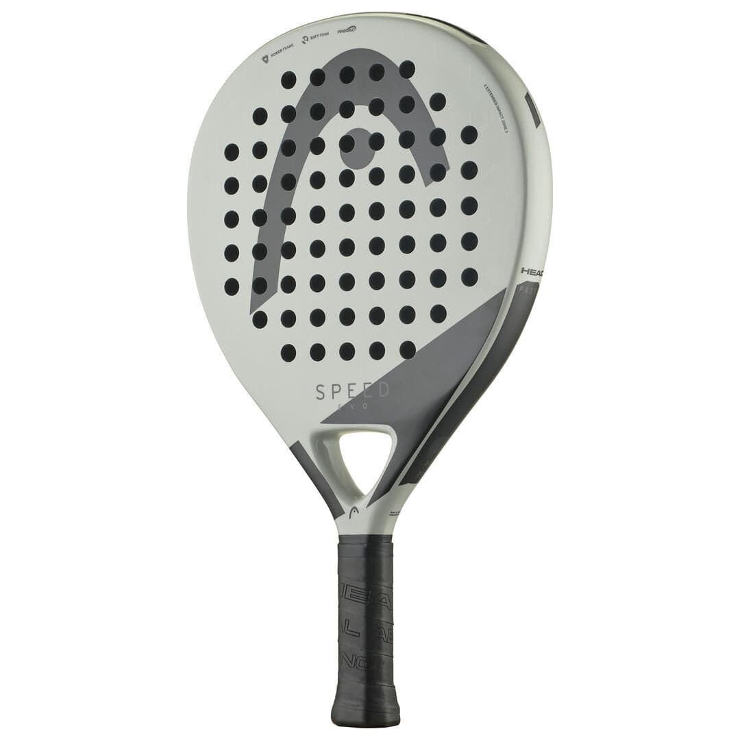 The HEAD EVO Speed 2025 Padel Racket features a modern teardrop shape, light gray and black design, large head with circular holes, textured black handle, and bold "SPEED" branding on the face.
