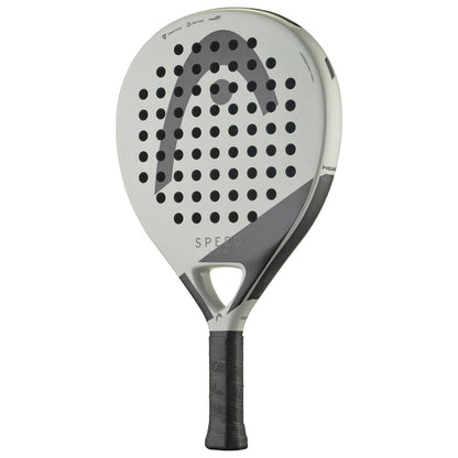 The HEAD EVO Speed 2025 Padel Racket features a modern teardrop shape, light gray and black design, large head with circular holes, textured black handle, and bold "SPEED" branding on the face.