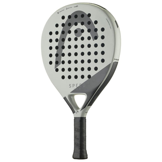 The HEAD EVO Speed 2025 Padel Racket features a modern teardrop shape, light gray and black design, large head with circular holes, textured black handle, and bold "SPEED" branding on the face.
