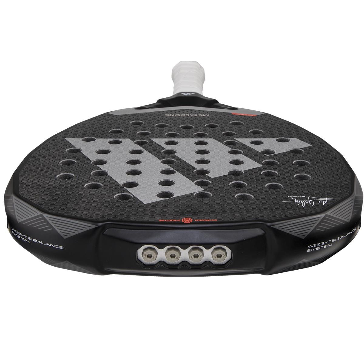 A close-up of the adidas Metalbone 3.4 Padel Racket highlights its textured black surface, multiple holes, visible brand logo, white-wrapped handle, and adjustable weight screws for enhanced power.