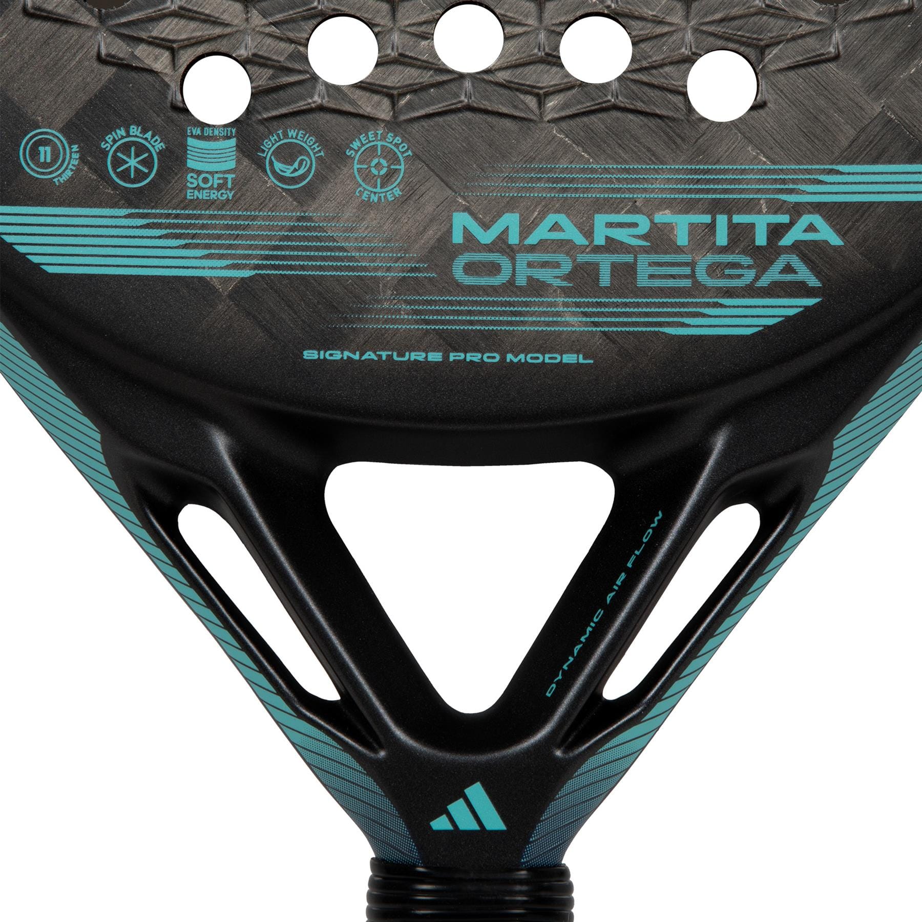 Close-up of the adidas Cross It Light Padel Racket in black with turquoise accents, highlighting "MARTITA ORTEGA," "SIGNATURE PRO MODEL," and icons for lightweight control plus Spin Blade Mold technology.