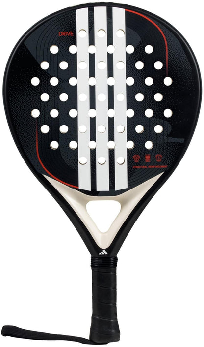 The adidas Drive Black 3.4 Padel Racket features a black fibreglass frame with white stripes, circular perforations, wrapped handle, and wrist strap—perfect for beginners. Displayed against a white background.