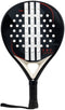 The adidas Drive Black 3.4 Padel Racket features a black fibreglass frame with white stripes, circular perforations, wrapped handle, and wrist strap—perfect for beginners. Displayed against a white background.