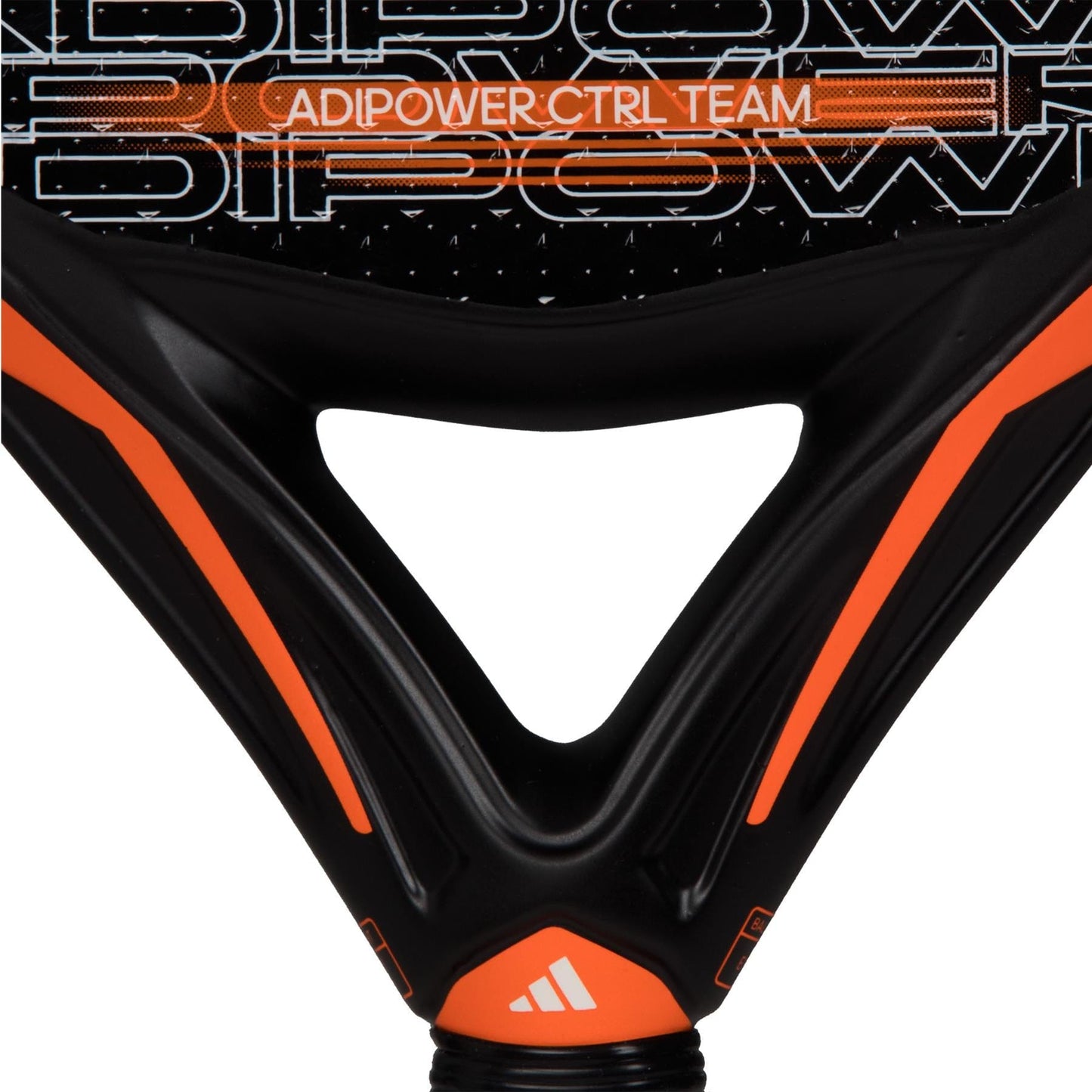 Close-up of the adidas Adipower CTRL Team 3.3 Padel Racket, featuring its lower frame, geometric patterns, and bold adidas branding—ideal for players wanting a dependable control padel racket.