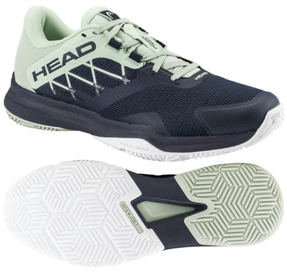 The HEAD Motion Team 1.5 Men's Padel Shoes in blue and green feature the HEAD logo on the side and showcase a textured sole for grip, making them ideal for padel players.