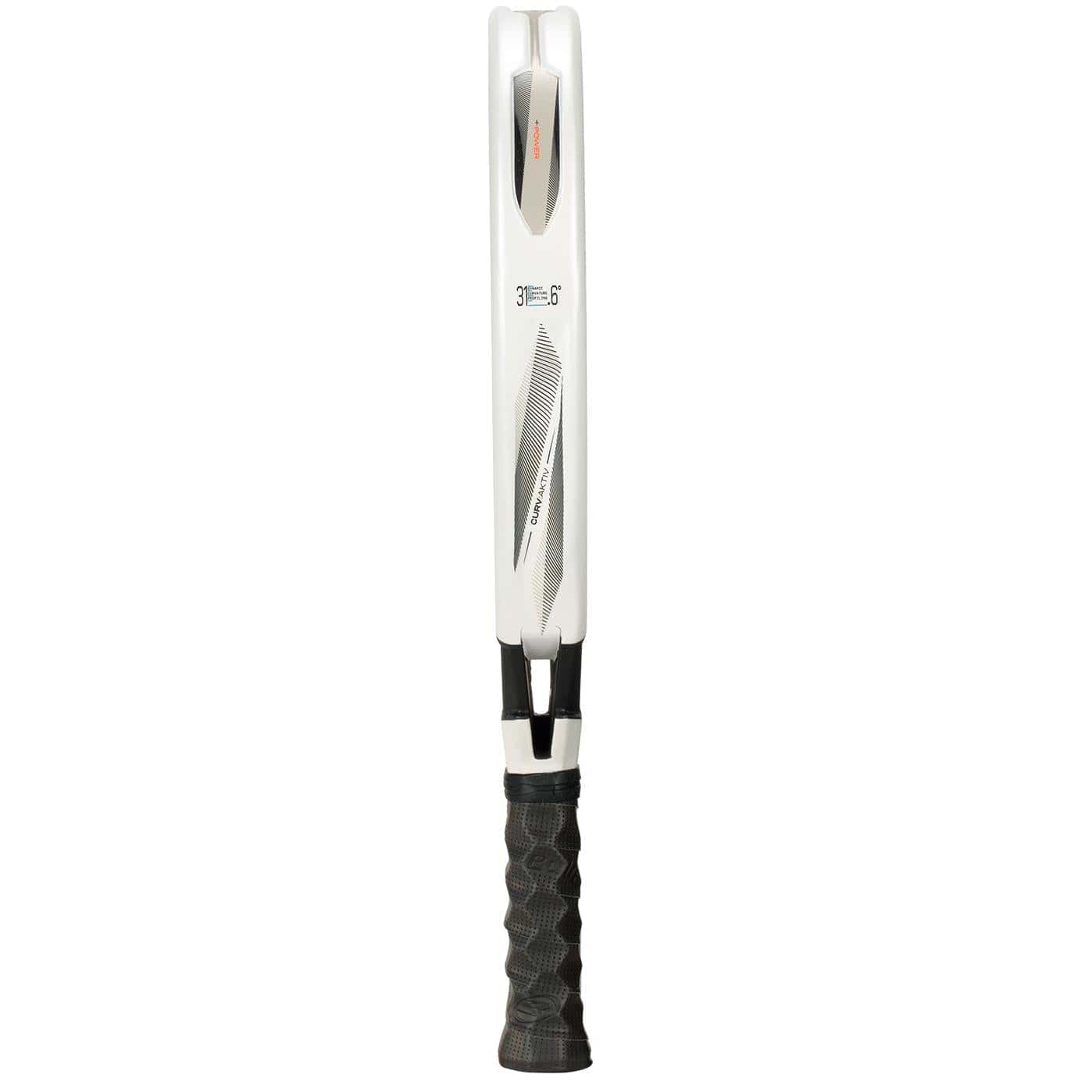 A close-up image of the Bullpadel Vertex 05 2026 Padel Racket standing upright, showcasing its sleek blade and textured black handle with gray accents, featuring subtle black and silver design elements for high-performance play.