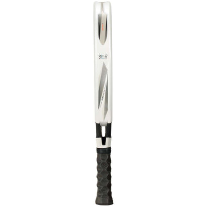 A close-up image of the Bullpadel Vertex 05 2026 Padel Racket standing upright, showcasing its sleek blade and textured black handle with gray accents, featuring subtle black and silver design elements for high-performance play.
