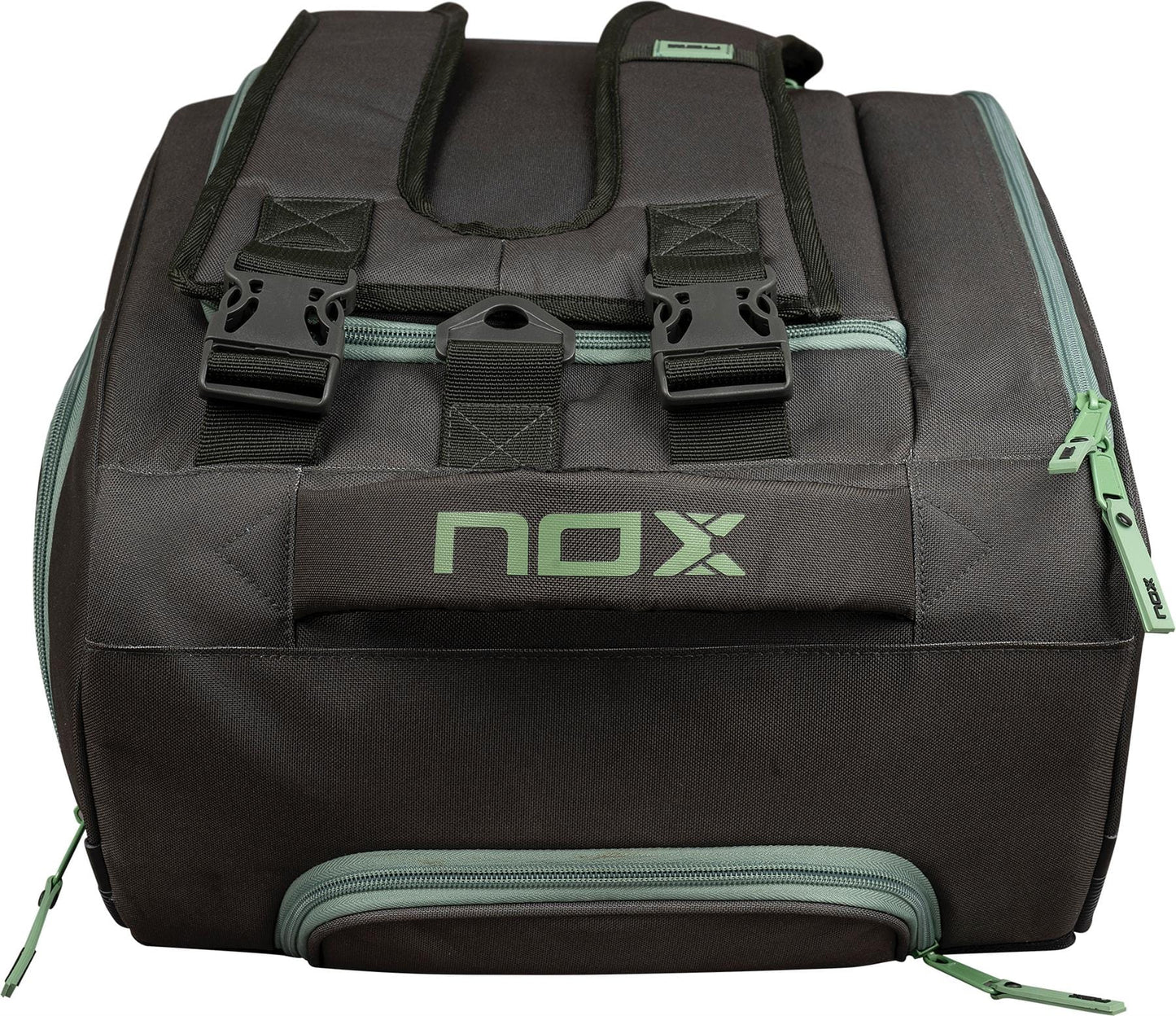 The NOX AT10 Competition Trolley Padel Racket Bag in black/green features two padded shoulder straps, front buckles, zippers, and a NOX logo—ideal as a spacious bag for padel sports or travel.