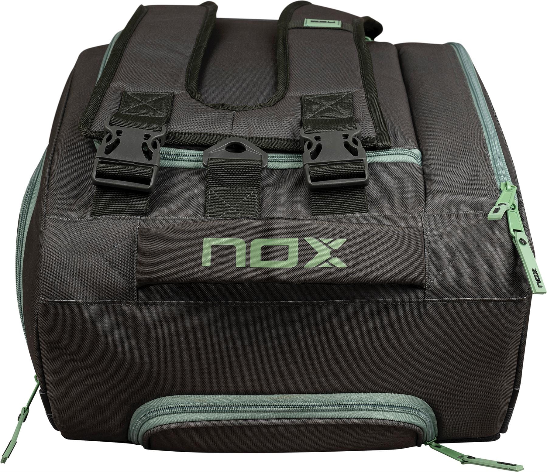 The NOX AT10 Competition Trolley Padel Racket Bag in black/green features two padded shoulder straps, front buckles, zippers, and a NOX logo—ideal as a spacious bag for padel sports or travel.