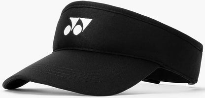 The Yonex 40126EX Padel Visor in black is made of breathable polyester, features a curved brim, adjustable back strap, and displays a white Yonex logo on the front.