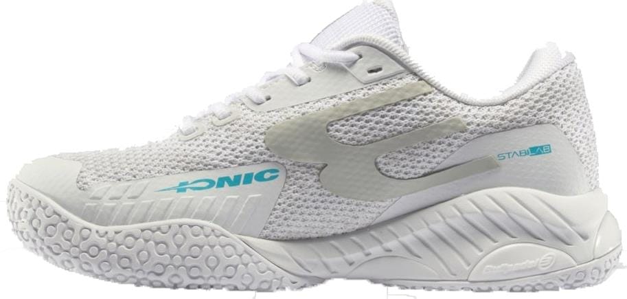 The Bullpadel Ionic W 26V Womens Padel Shoes in white feature a textured sole, mesh upper, subtle gray accents, and blue "XONIC" branding. With white laces and a supportive heel, they're stylish padel shoes ideal for women on the court.