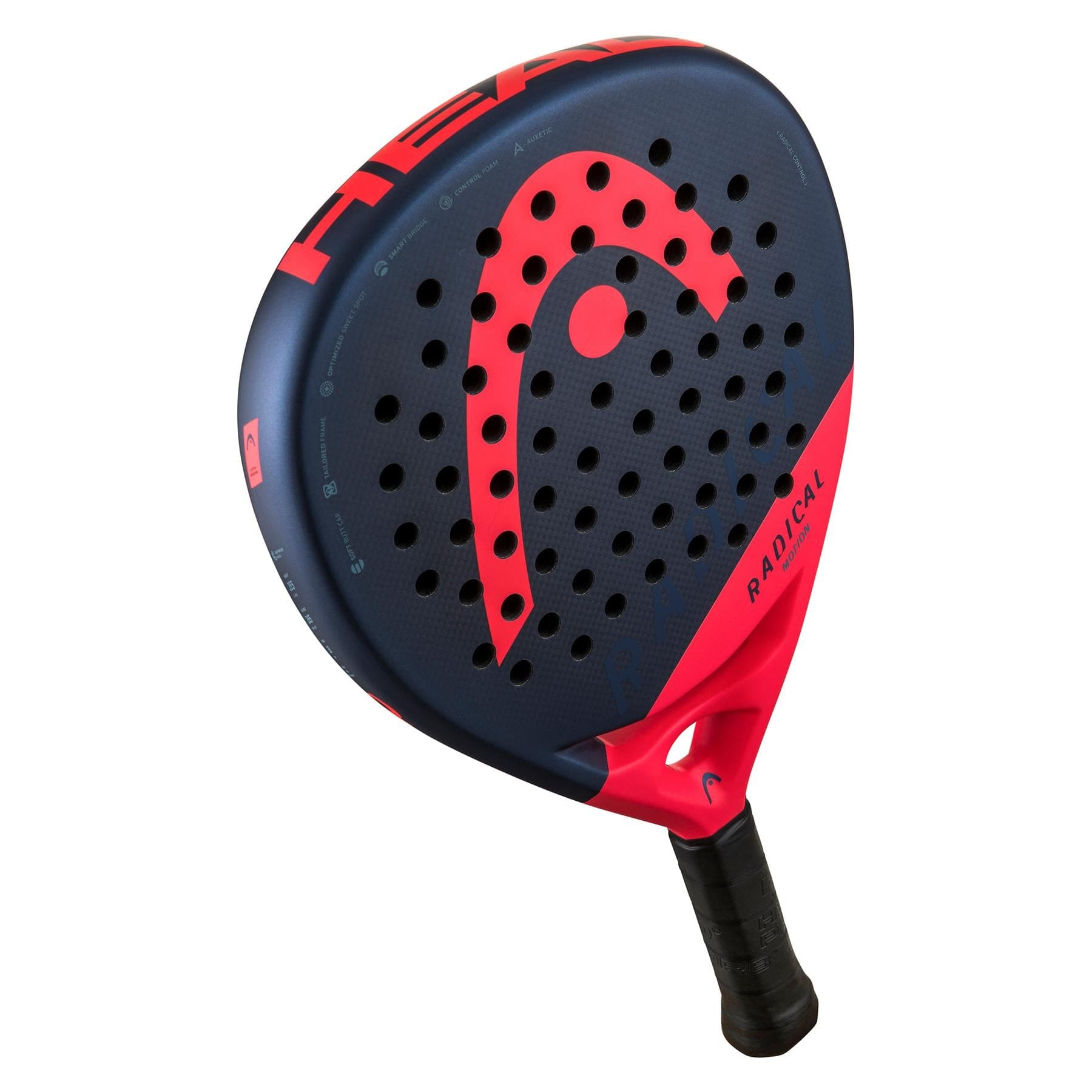 The HEAD Radical Motion 2024 Padel Racket features a blue and red design with black holes, HEAD logo, “Radical” near the handle, Auxetic tech for lightweight control and power, plus a black textured grip.