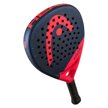 The HEAD Radical Motion 2024 Padel Racket features a blue and red design with black holes, HEAD logo, “Radical” near the handle, Auxetic tech for lightweight control and power, plus a black textured grip.