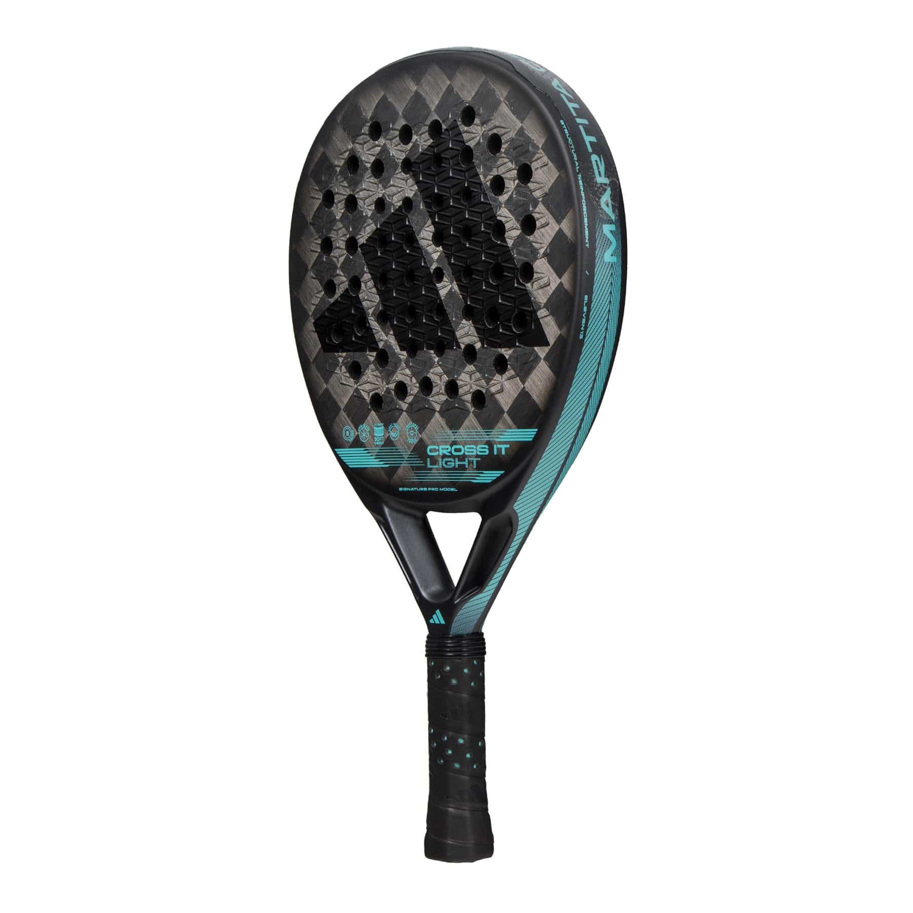 The adidas Cross It Light Padel Racket features a black and gray design with turquoise accents, a textured Spin Blade Mold surface, the adidas logo at the center, and a lightweight frame with a black grip handle.