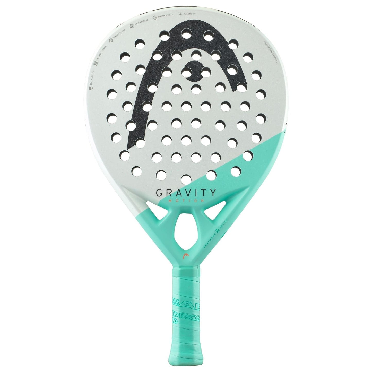 The HEAD Gravity Motion 2024 Padel Racket features a white and light teal design, a perforated Spin Surface, large black HEAD logo, and advanced Auxetic 2.0 technology for superior performance.