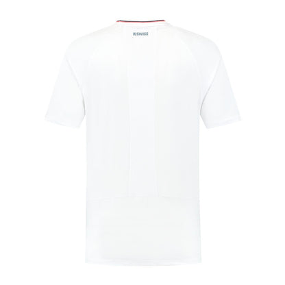 The back of the K-Swiss Hypercourt Mesh Crew 4 Men's Padel T-Shirt in white features a small "K-SWISS" logo near the collar, combining simplicity with a sporty essence.