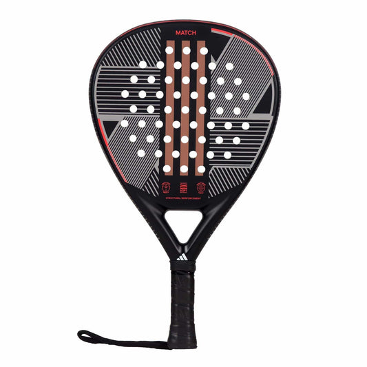The adidas Match 3.3 Black / Red Padel Racket features a teardrop shape, perforated face with white holes and geometric patterns, black grip, and wrist strap—an ideal choice for beginner padel players.