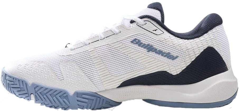 The Bullpadel Hybrid Fly 26V Men's Padel Shoes in white feature light blue and navy accents, a hybrid outsole for extra grip, and a breathable mesh-like upper—ideal for sports or active wear.