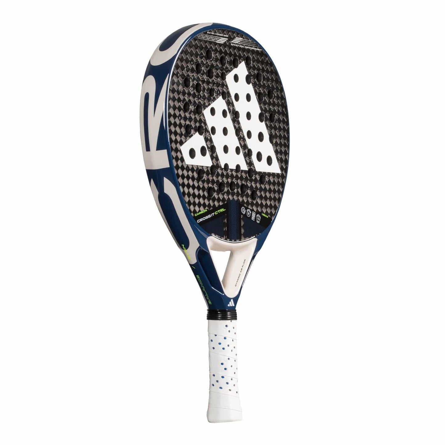 The adidas Cross It Carbon CTRL Padel Racket features a black and blue design with a white handle, prominent adidas logo, circular perforations, and durable carbon fibre construction.