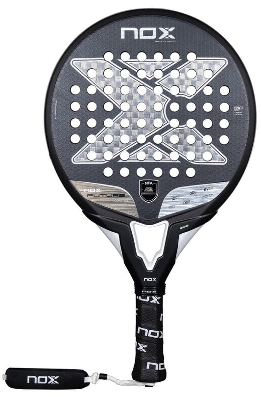 The NOX NFA Future Control 12K Alum Padel Racket by NOX features a striking black and gray design with a bold center “X,” Carbon 12K construction, circular perforations, and a black grip displaying the NOX logo.