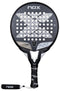 The NOX NFA Future Control 12K Alum Padel Racket by NOX features a striking black and gray design with a bold center “X,” Carbon 12K construction, circular perforations, and a black grip displaying the NOX logo.