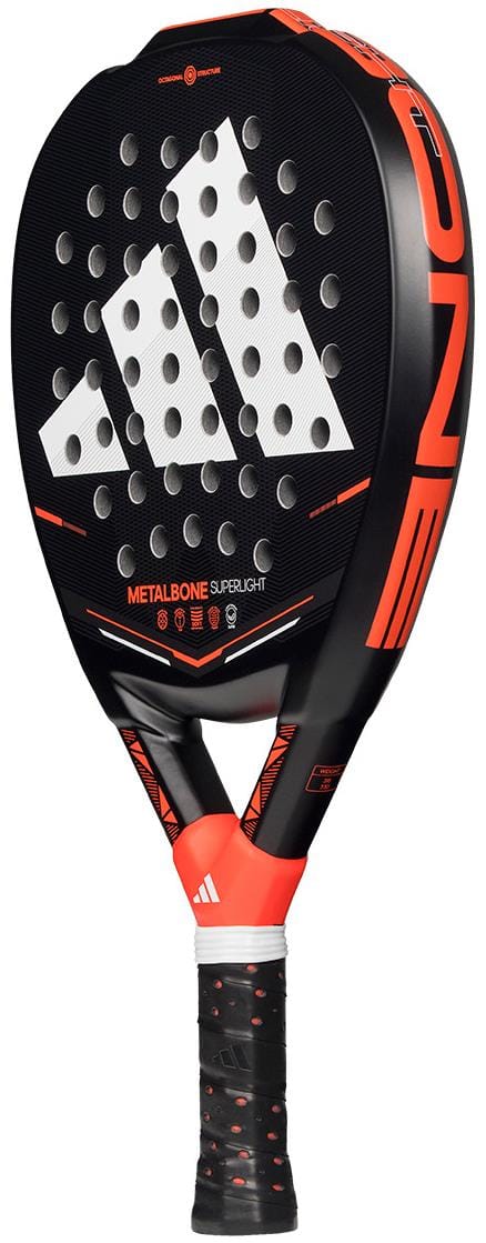 The adidas Metalbone Superlight 2026 Padel Racket is a lightweight black racket with a white adidas logo, red and orange details, perforated holes on the face, and “Metalbone Superlight” labeling.
