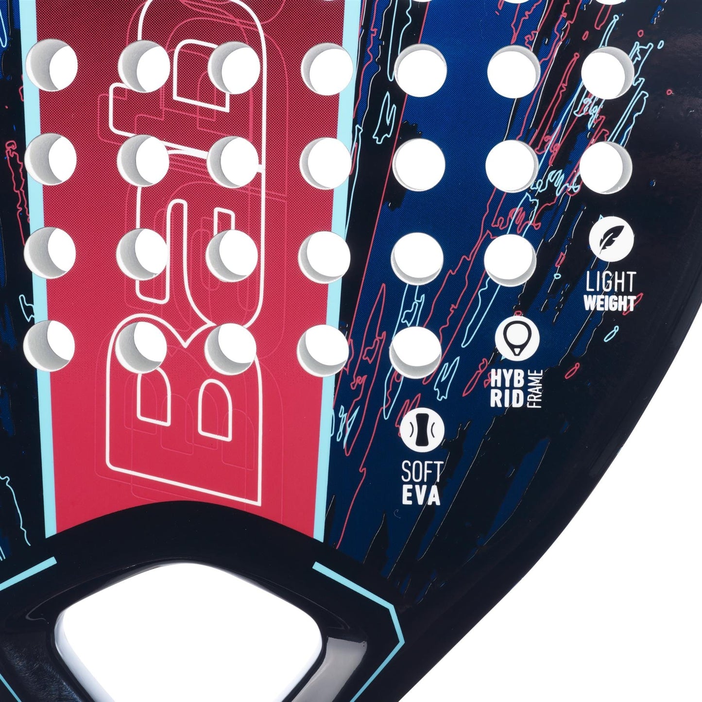 Close-up of the Babolat Contact Padel Racket by Babolat, showing its red and blue design. Features "SOFT EVA," "HYBRID FRAME," and "LIGHT WEIGHT" icons on the right. Multiple round holes make it perfect for beginners.