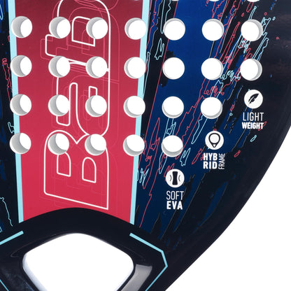 Close-up of the Babolat Contact Padel Racket by Babolat, showing its red and blue design. Features "SOFT EVA," "HYBRID FRAME," and "LIGHT WEIGHT" icons on the right. Multiple round holes make it perfect for beginners.
