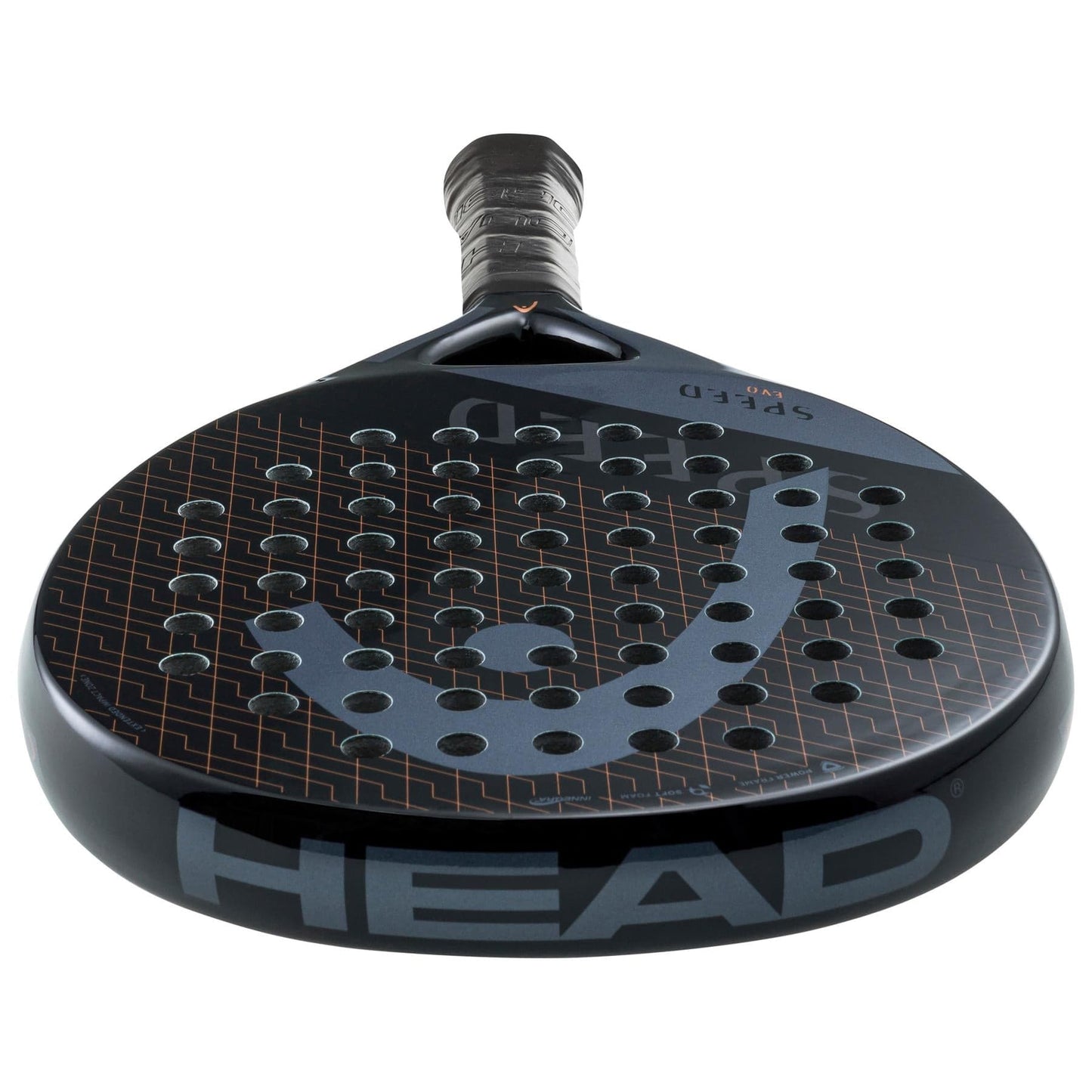 Close-up of the HEAD Evo Speed 2023 Padel Racket by HEAD, designed for comfort and power, with a black frame, perforated face pattern, and prominent "HEAD" branding on the lower edge.