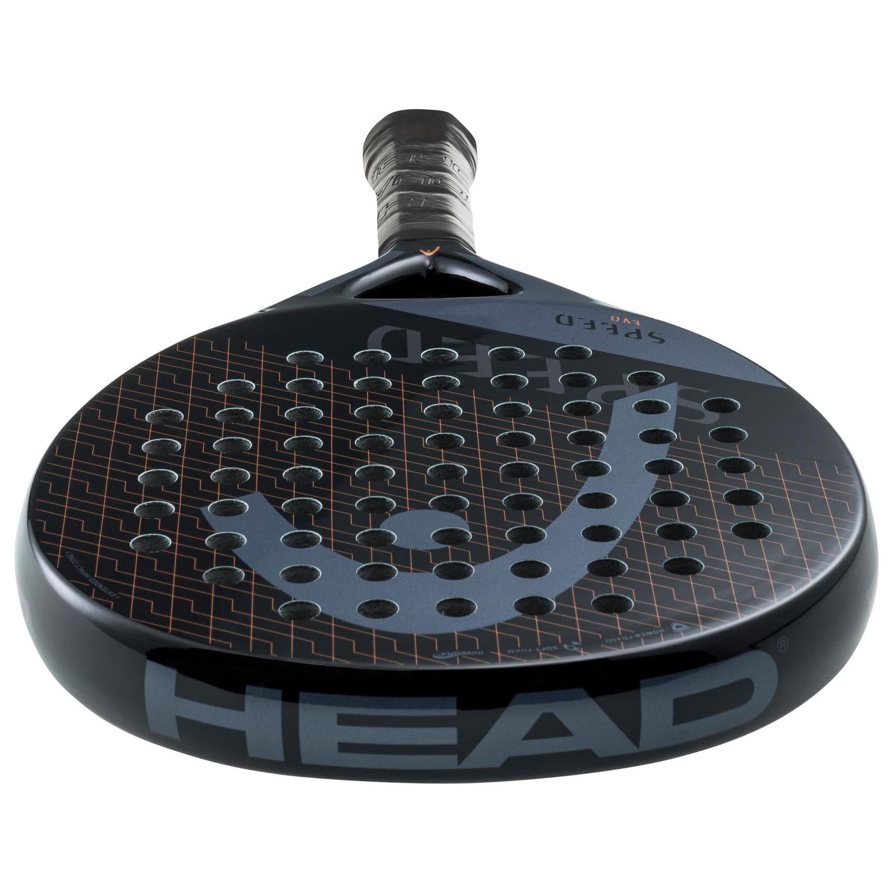 Close-up of the HEAD Evo Speed 2023 Padel Racket by HEAD, designed for comfort and power, with a black frame, perforated face pattern, and prominent "HEAD" branding on the lower edge.