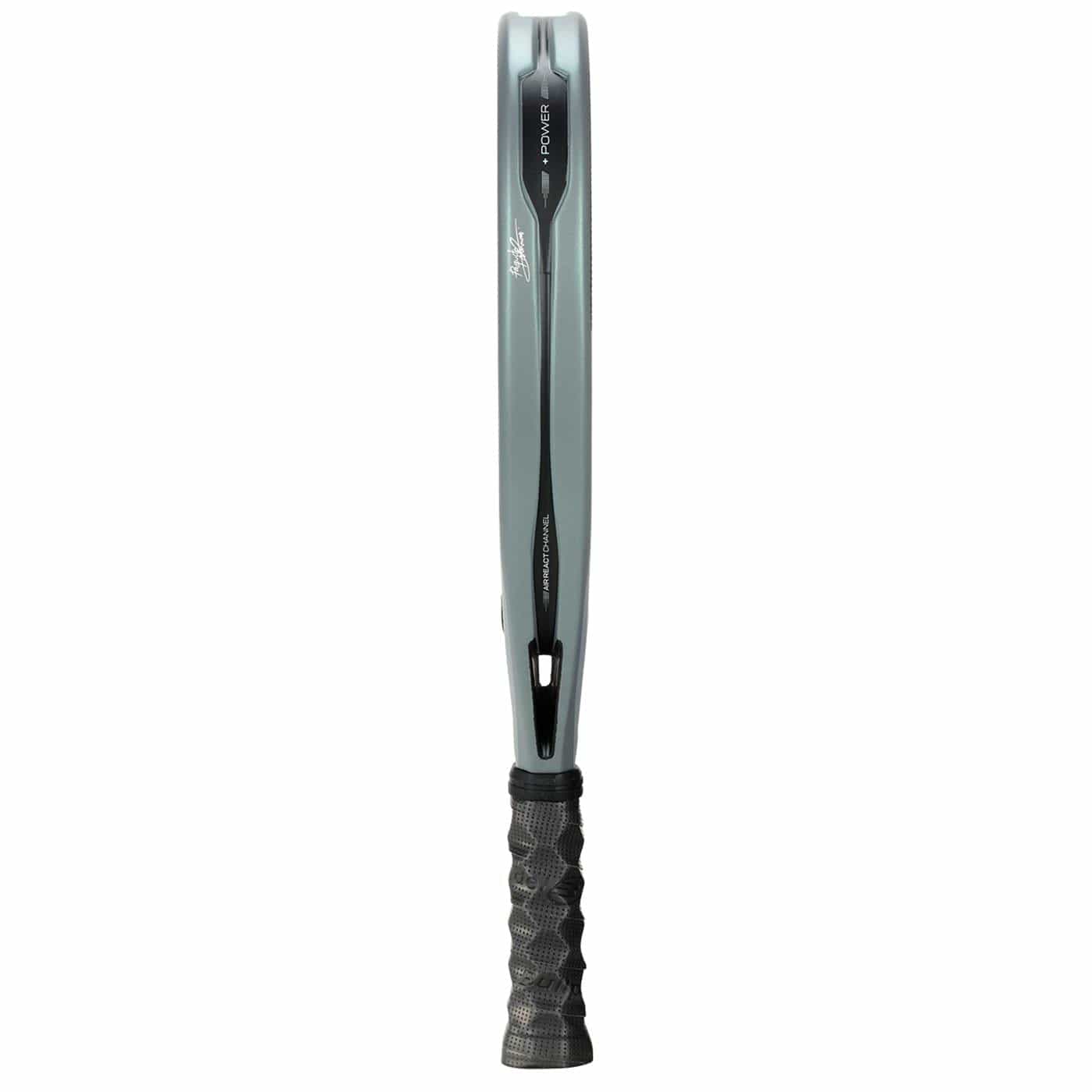 The Bullpadel HACK 04 2026 Padel Racket by Bullpadel is shown from the side, highlighting its slim frame and textured black handle against a white background for a striking, dynamic appearance.