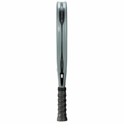 The Bullpadel HACK 04 2026 Padel Racket by Bullpadel is shown from the side, highlighting its slim frame and textured black handle against a white background for a striking, dynamic appearance.
